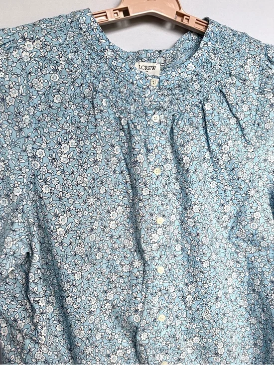 J Crew Blue Floral Smocked Button Up Blouse XXL Linen Cotton Puff Sleeve Shirt - Picture 5 of 15